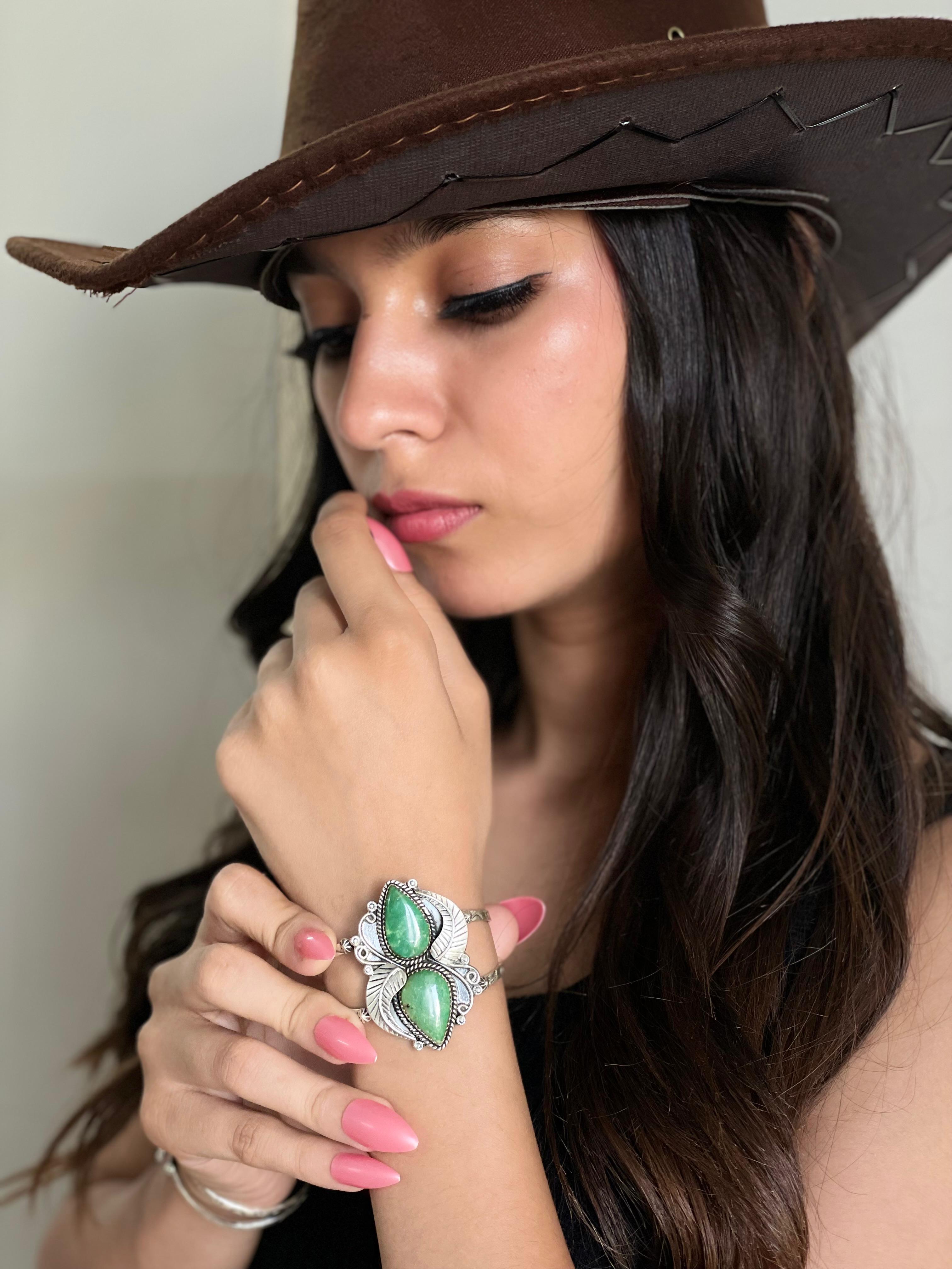 Handmade Sterling Silver Mantis Turquoise Cuff Bracelet with Signed Nizhoni