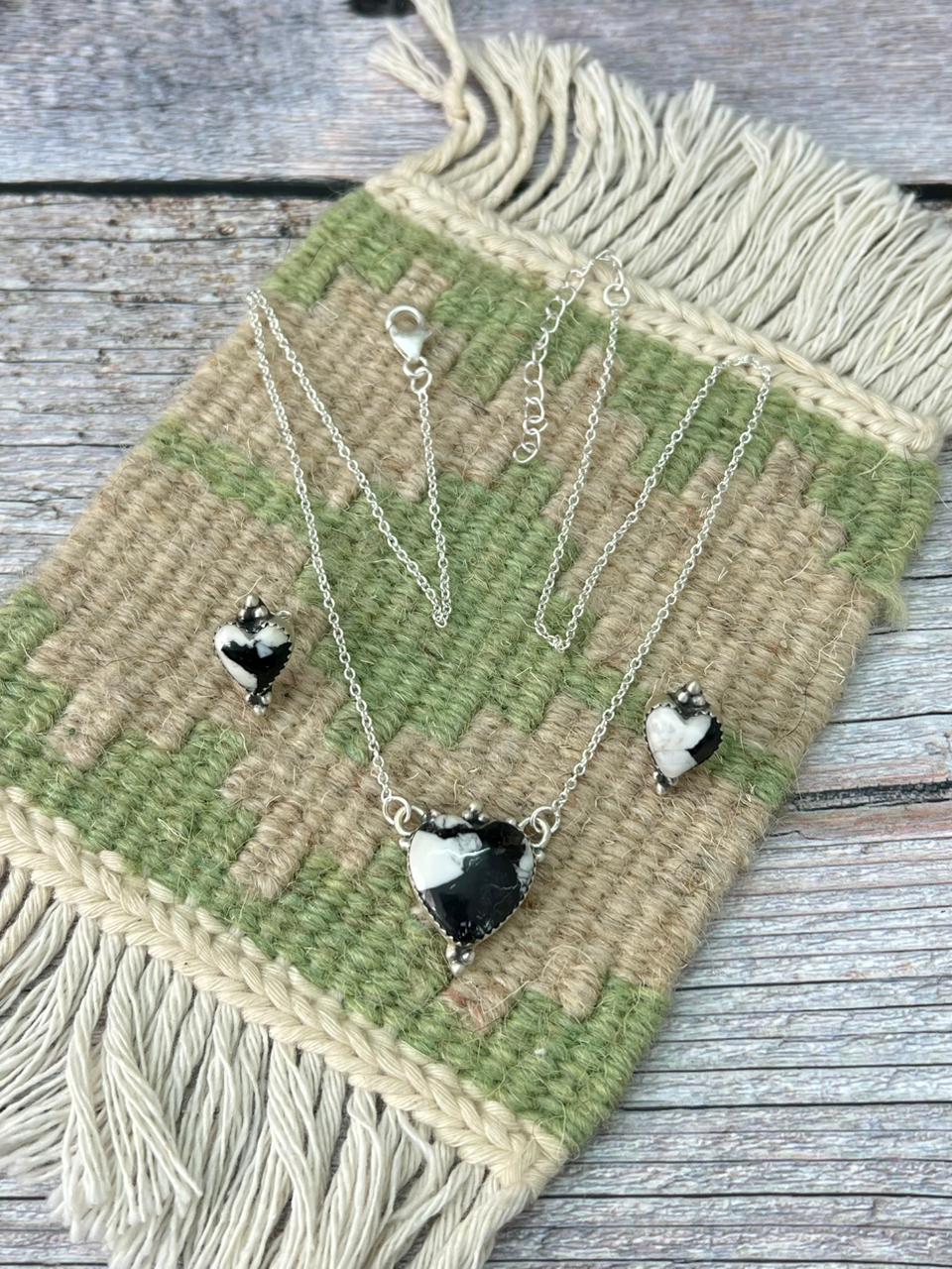 Handmade Sterling Silver White Buffalo Necklace Earrings Set "Signed Nizhoni"