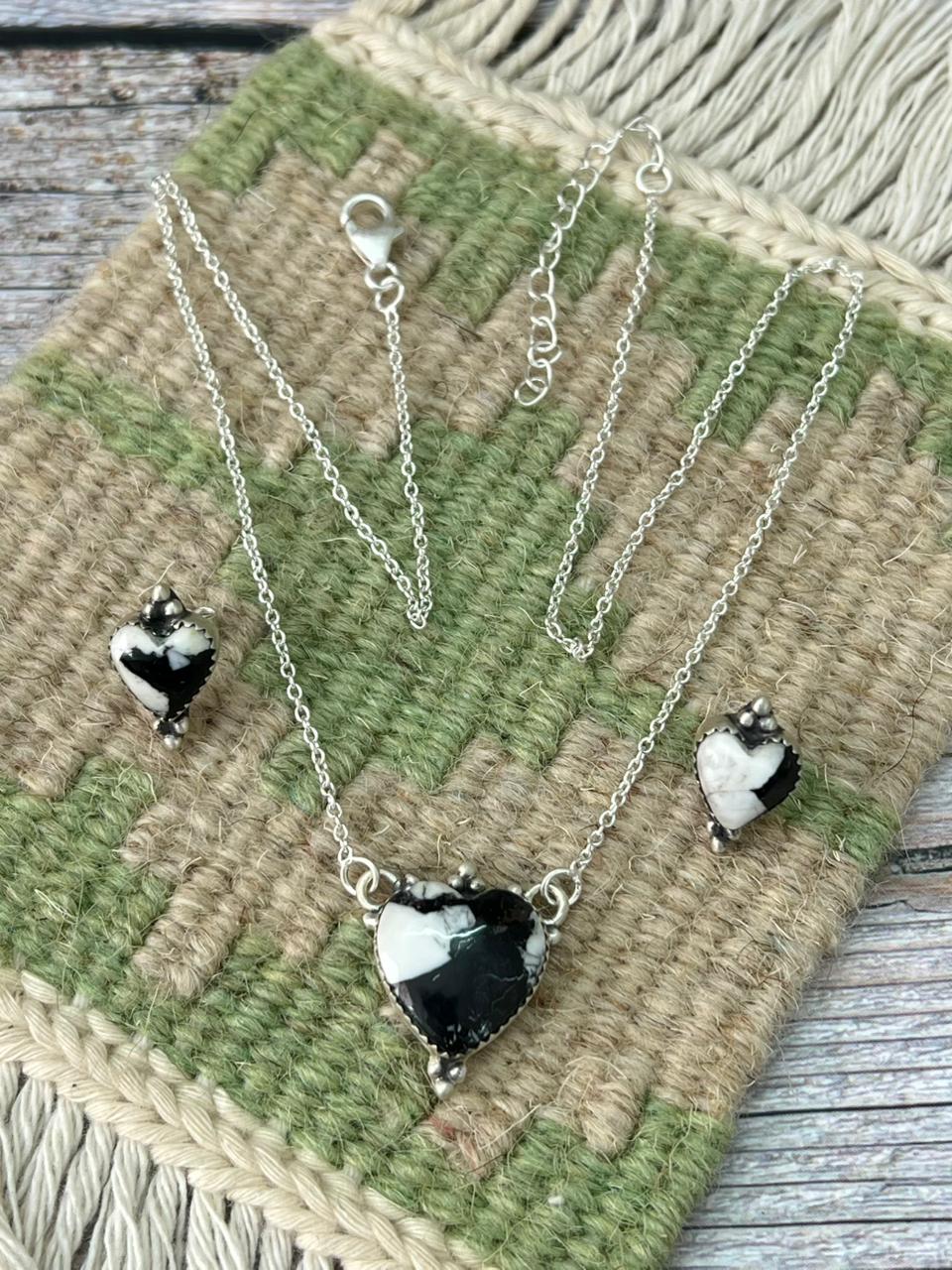 Handmade Sterling Silver White Buffalo Necklace Earrings Set "Signed Nizhoni"