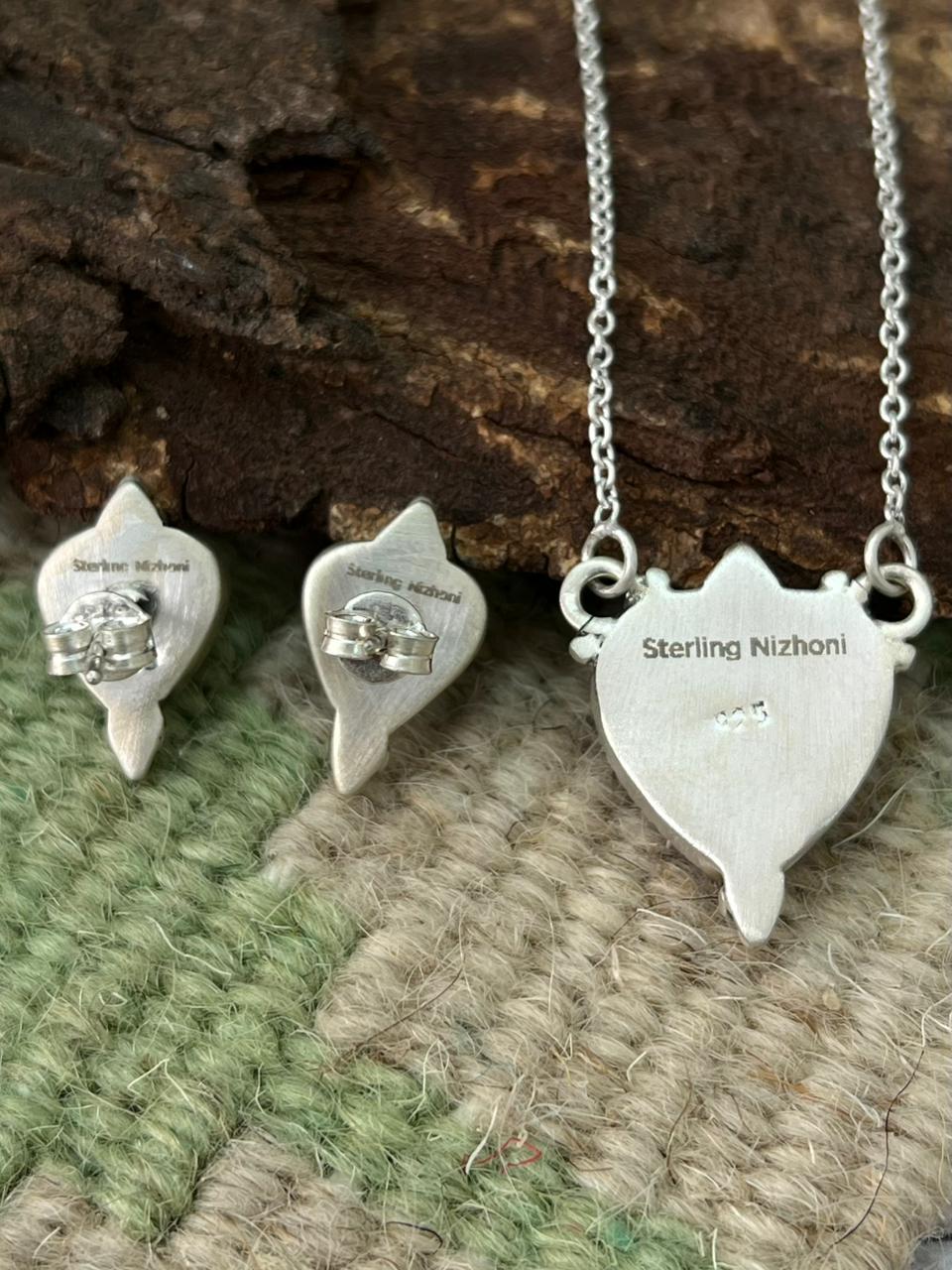 Handmade Sterling Silver White Buffalo Necklace Earrings Set "Signed Nizhoni"