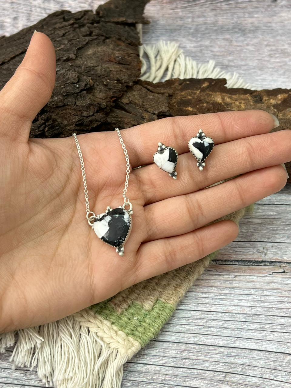 Handmade Sterling Silver White Buffalo Necklace Earrings Set "Signed Nizhoni"