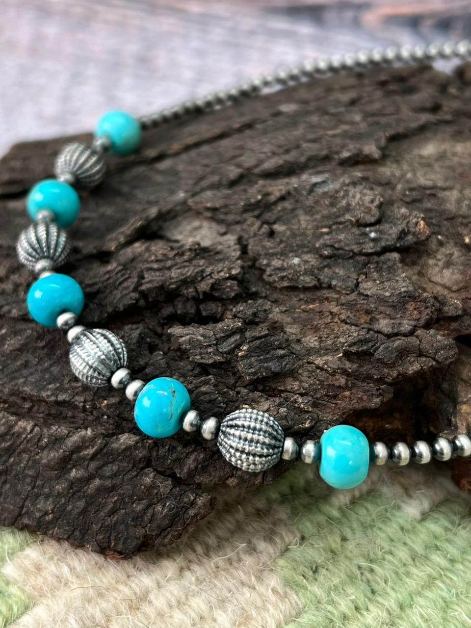 Handmade Sterling Silver Beaded Kingman Turquoise Necklace "Signed Nizhoni"