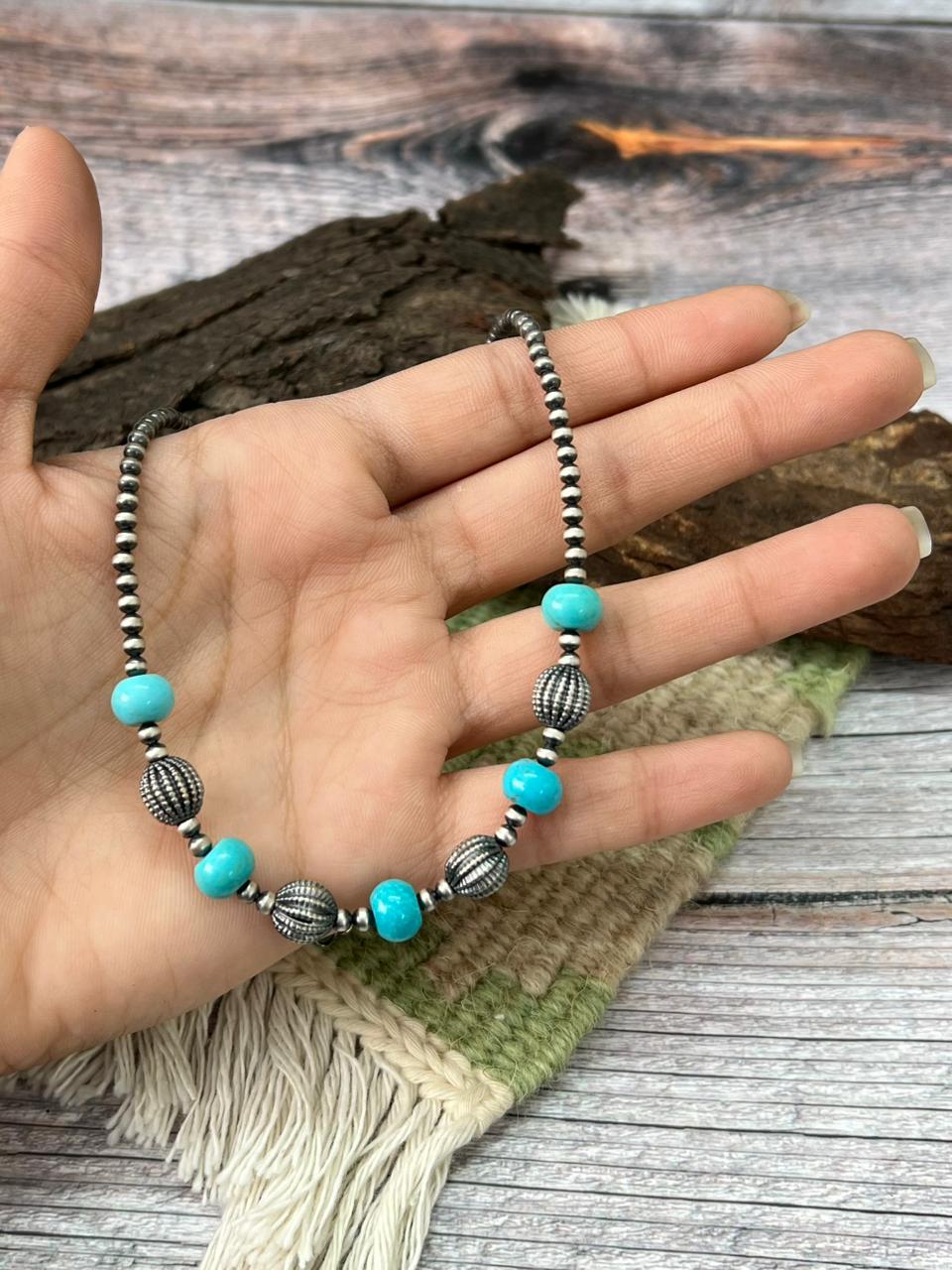 Handmade Sterling Silver Beaded Kingman Turquoise Necklace "Signed Nizhoni"
