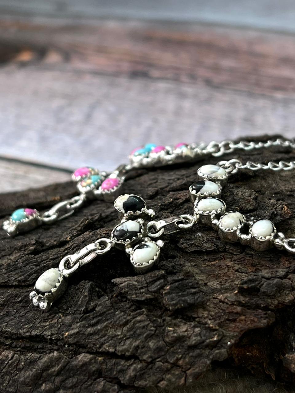 Handmade Sterling Silver Cotton Candy, White Buffalo Necklace "Signed Nizhoni"