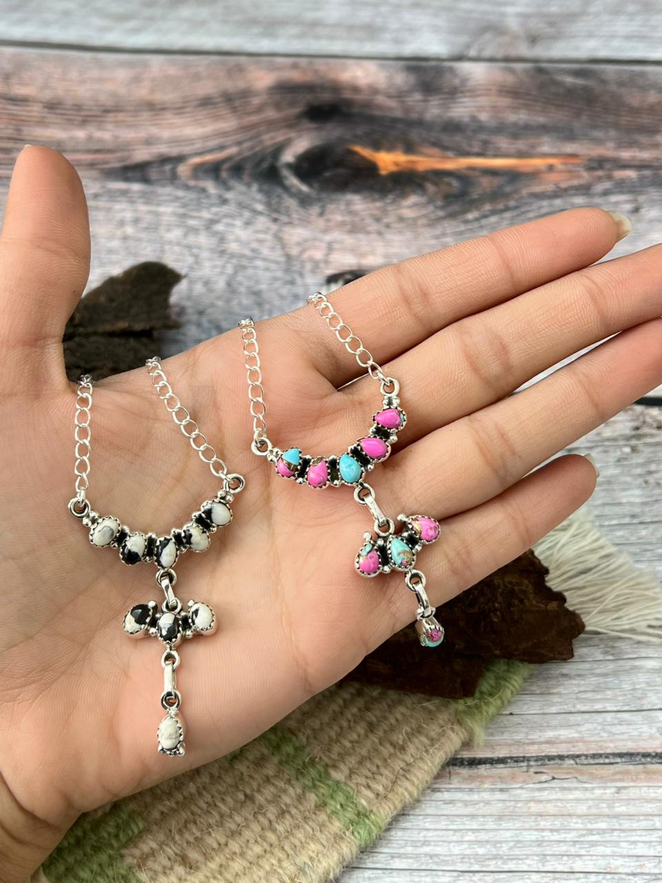 Handmade Sterling Silver Cotton Candy, White Buffalo Necklace "Signed Nizhoni"