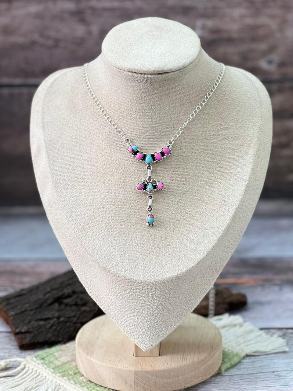 Handmade Sterling Silver Cotton Candy, White Buffalo Necklace "Signed Nizhoni"