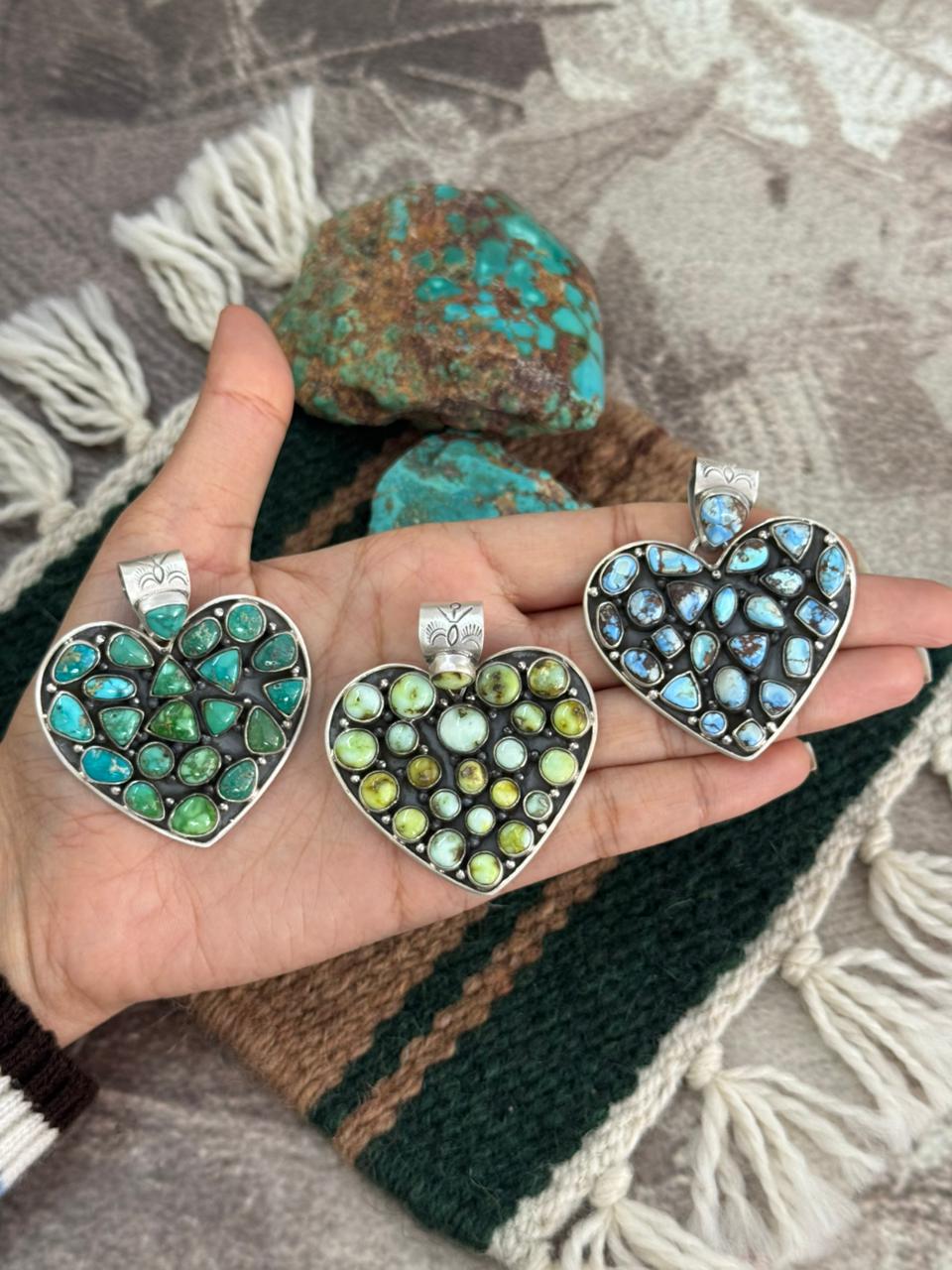 Handmade Sterling Silver Multi Stone Heart Shape Pendant "Signed Nizhoni"