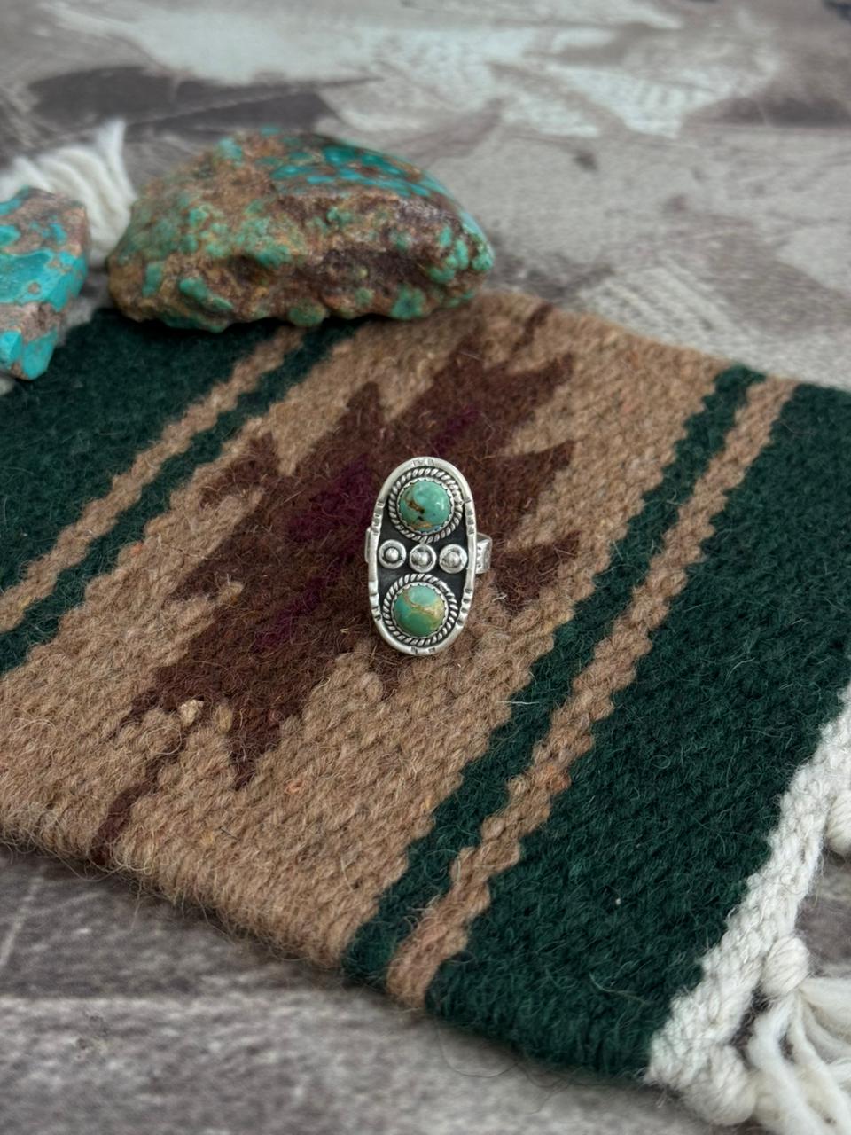 Handmade Sterling Silver Kingman Turquoise Adjustable Ring "Singed Nizhoni"