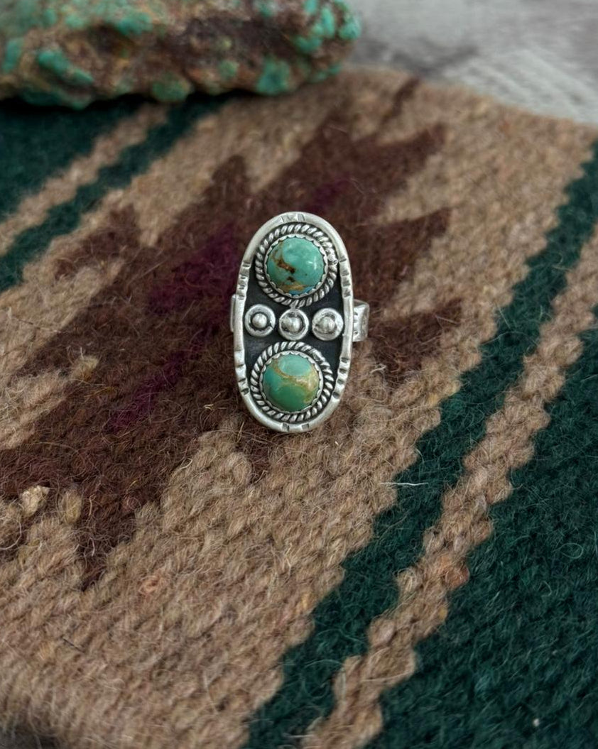 Handmade Sterling Silver Kingman Turquoise Adjustable Ring "Singed Nizhoni"