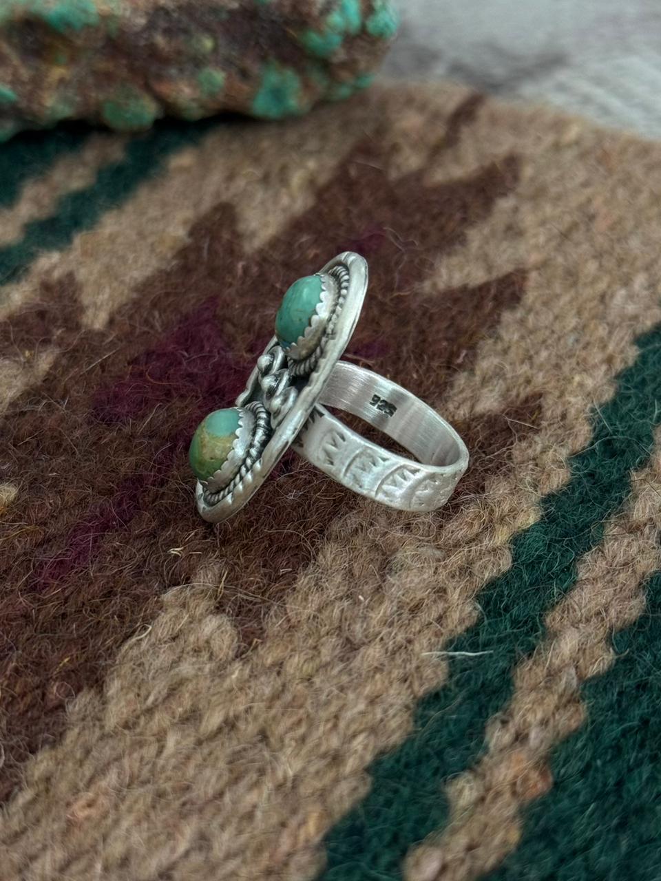 Handmade Sterling Silver Kingman Turquoise Adjustable Ring "Singed Nizhoni"
