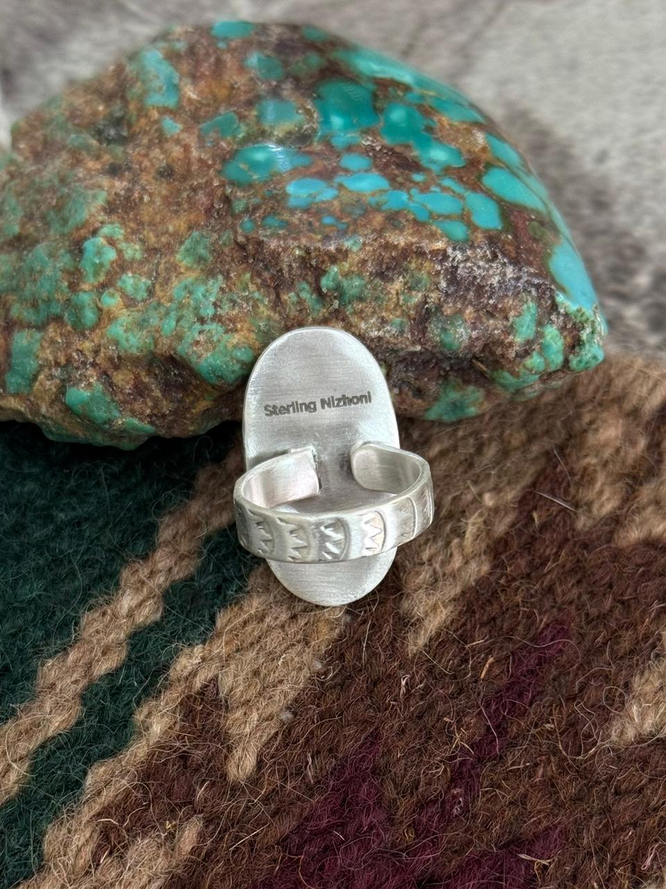 Handmade Sterling Silver Kingman Turquoise Adjustable Ring "Singed Nizhoni"