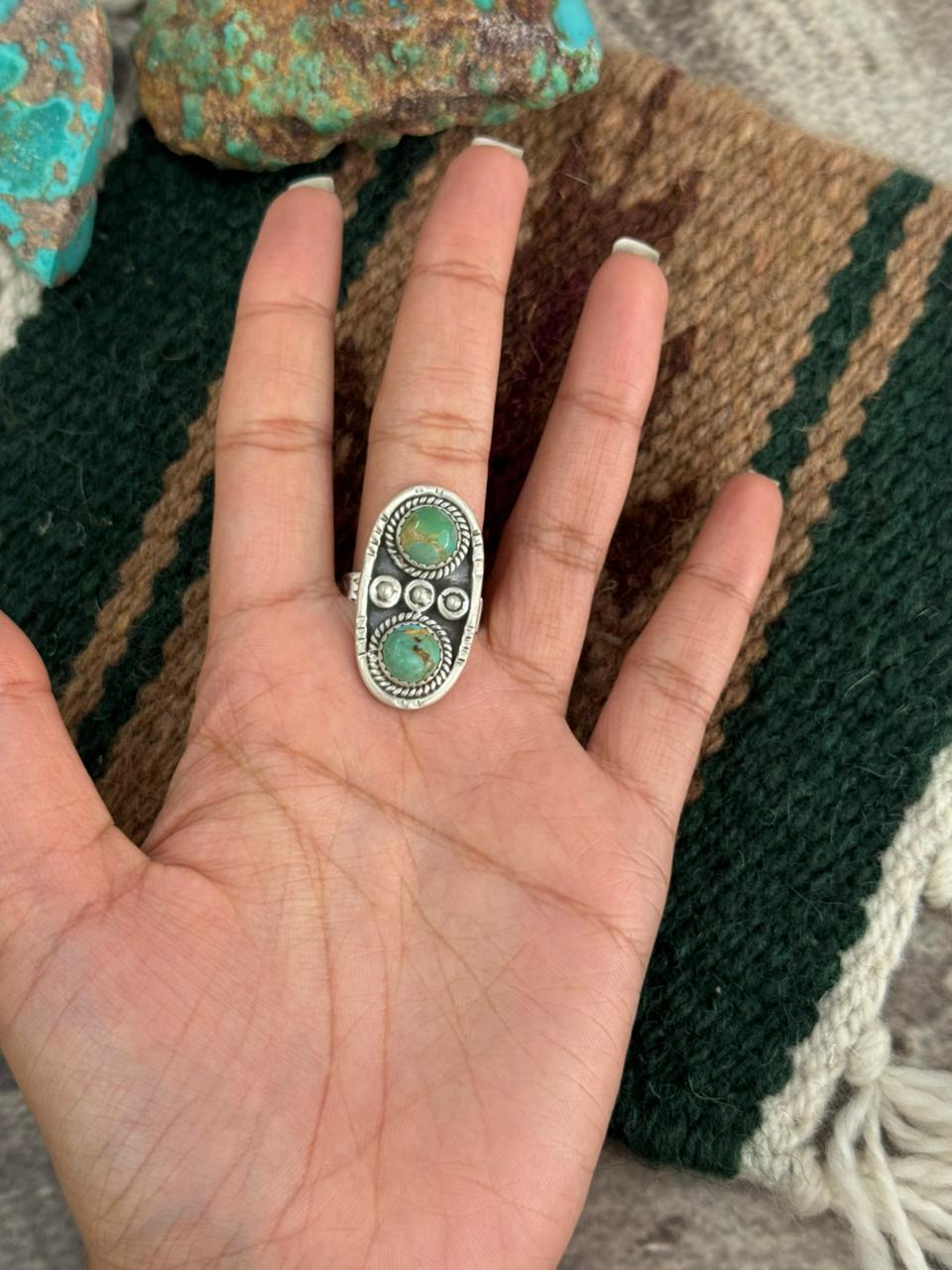 Handmade Sterling Silver Kingman Turquoise Adjustable Ring "Singed Nizhoni"