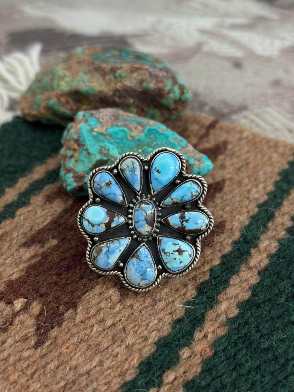 Handmade Sterling Silver Golden Hills Turquoise Adjustable Ring "Singed Nizhoni"