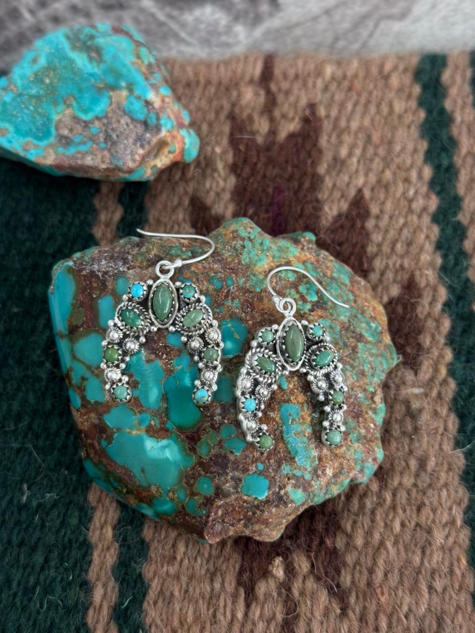 Handmade Sterling Silver Kingman Turquoise Naja Hook Dangle Earrings "Signed Nizhoni"
