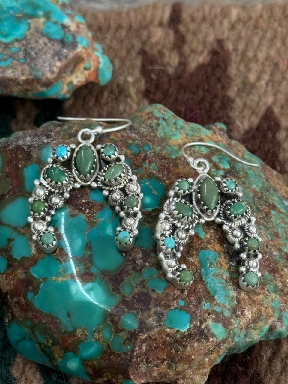 Handmade Sterling Silver Kingman Turquoise Naja Hook Dangle Earrings "Signed Nizhoni"