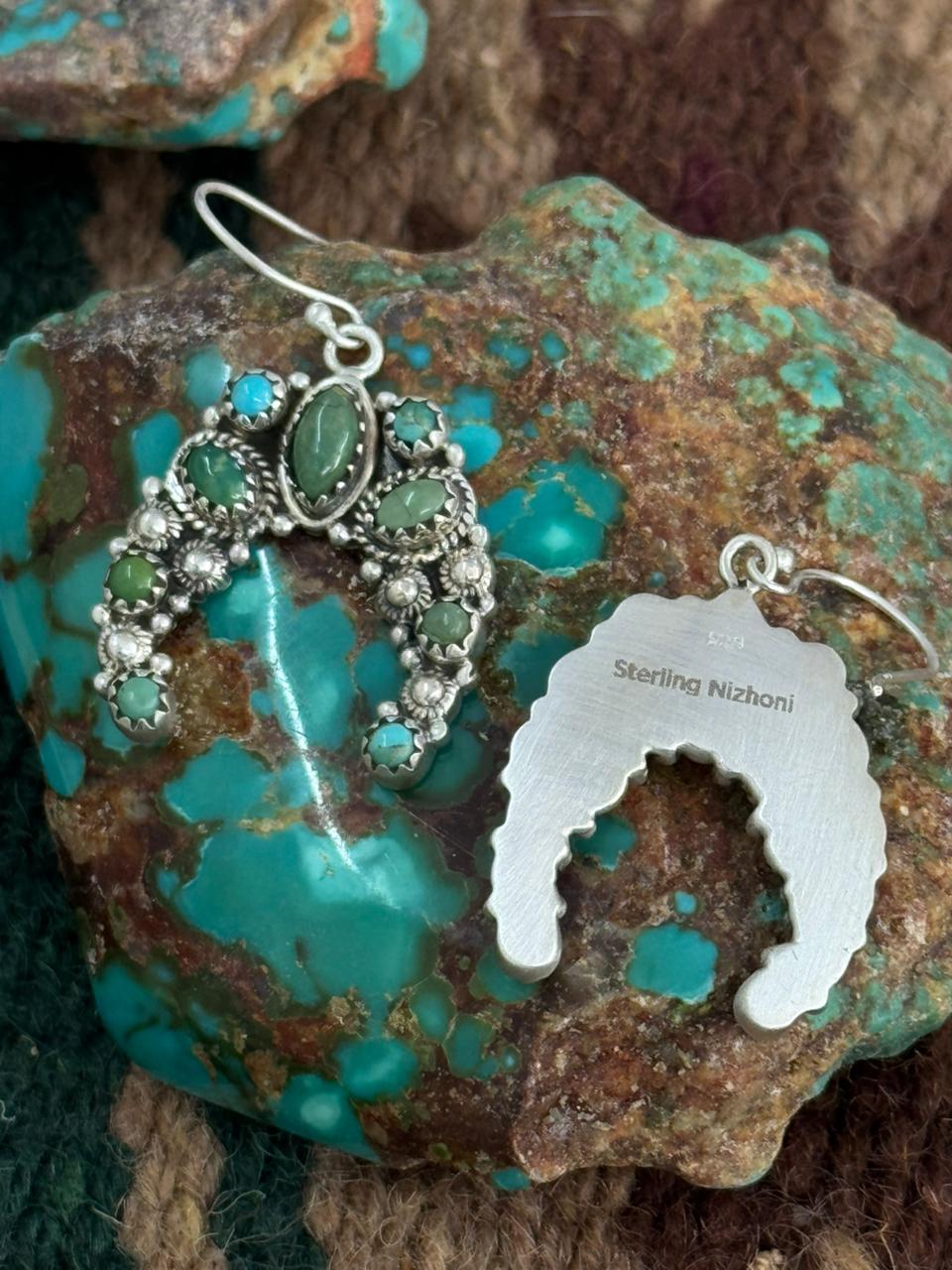 Handmade Sterling Silver Kingman Turquoise Naja Hook Dangle Earrings "Signed Nizhoni"