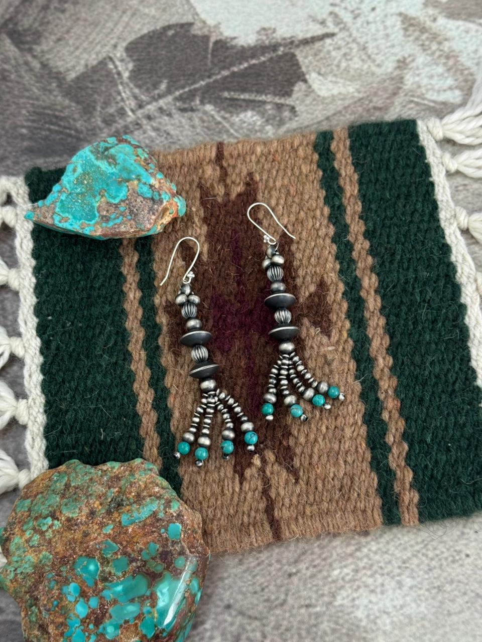 Handmade Sterling Silver Kingman Turquoise Beaded Hook Dangle Earrings
