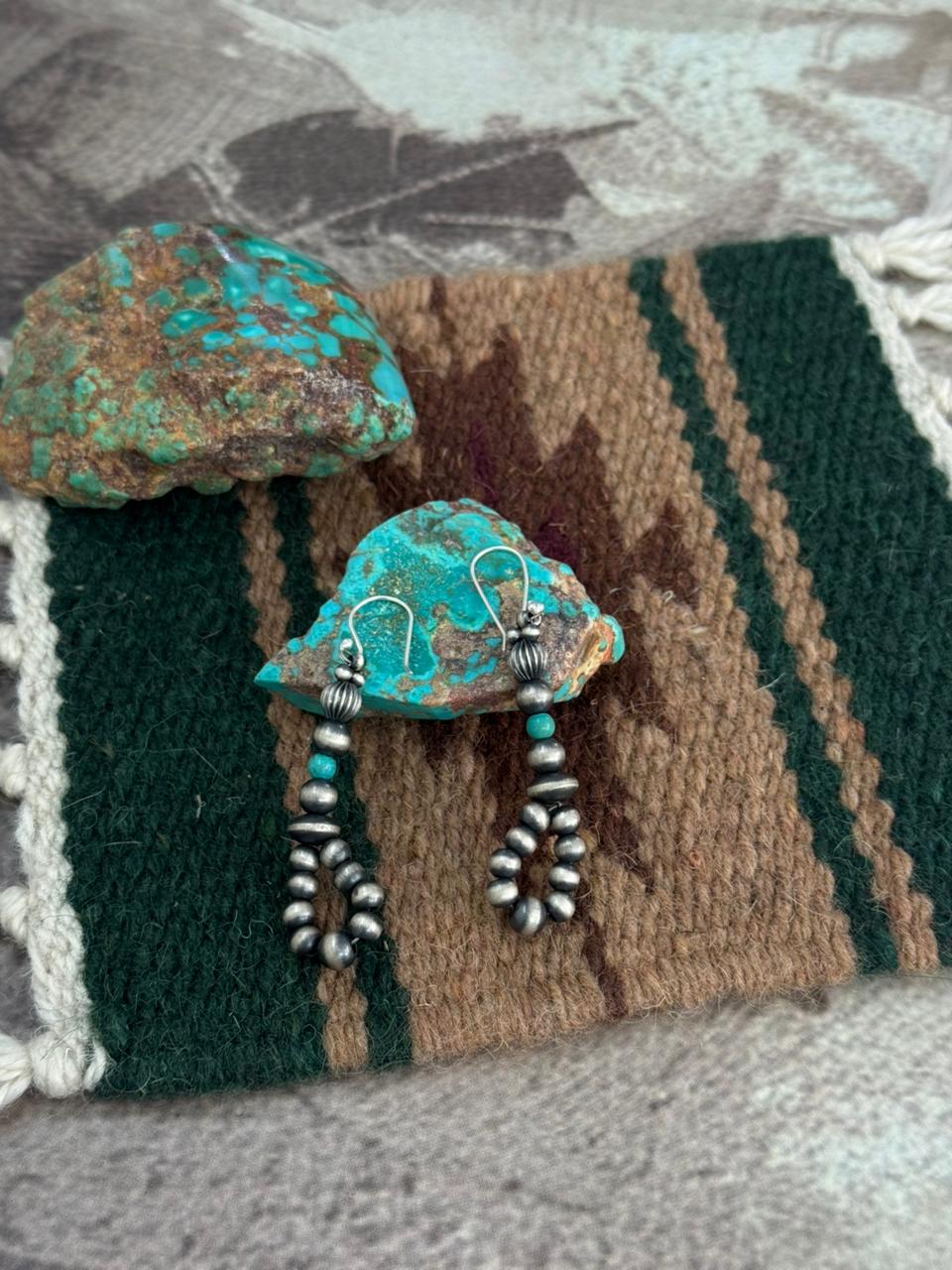 Handmade Sterling Silver Kingman Turquoise Beaded Hook Dangle Earrings