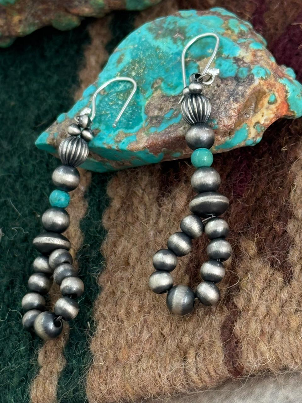 Handmade Sterling Silver Kingman Turquoise Beaded Hook Dangle Earrings