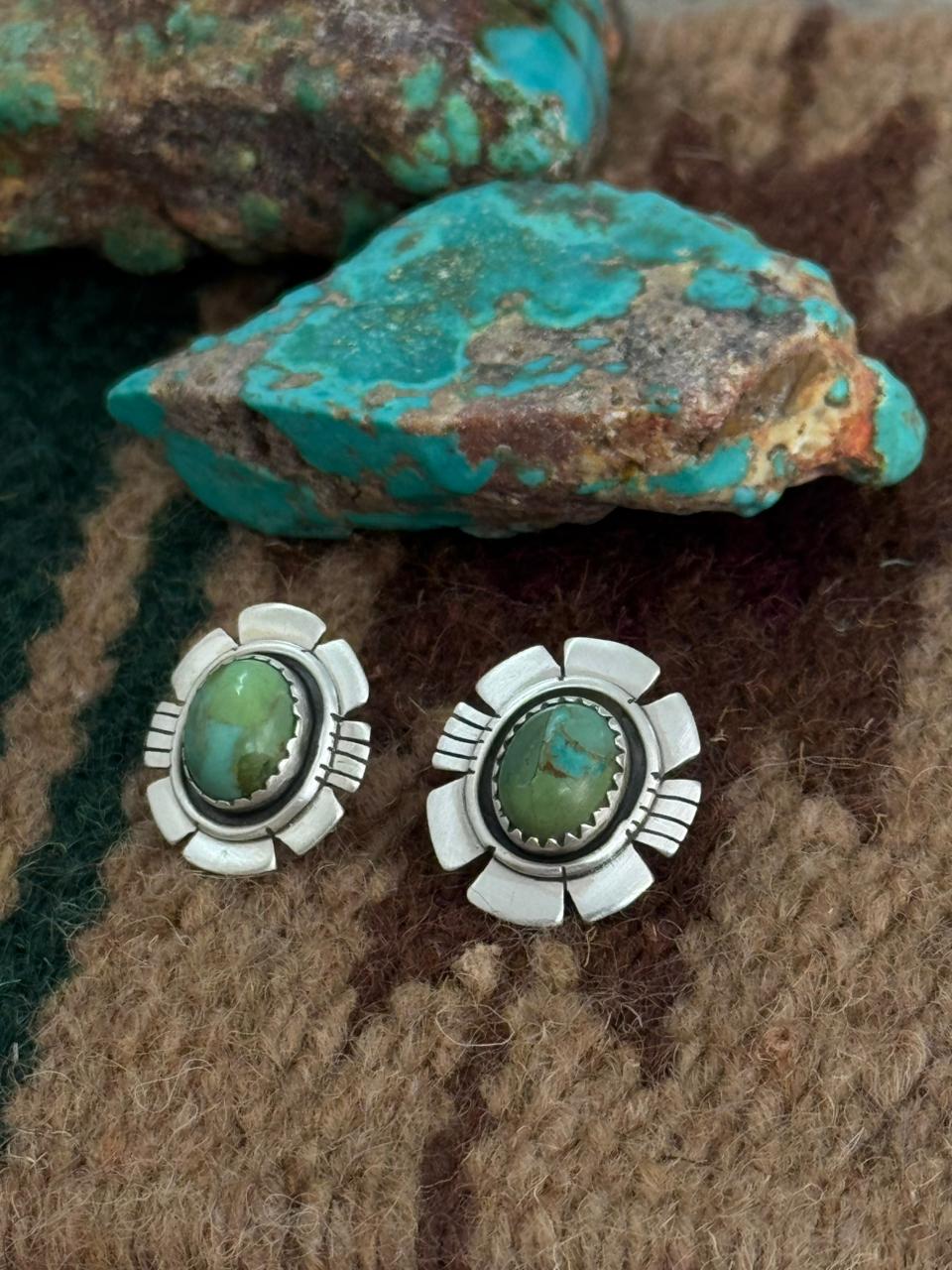 Handmade Sterling Silver Kingman Turquoise Post Studs Earrings "Signed Nizhoni"