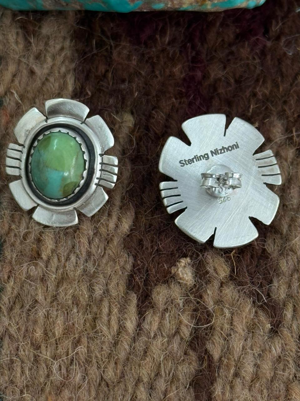 Handmade Sterling Silver Kingman Turquoise Post Studs Earrings "Signed Nizhoni"