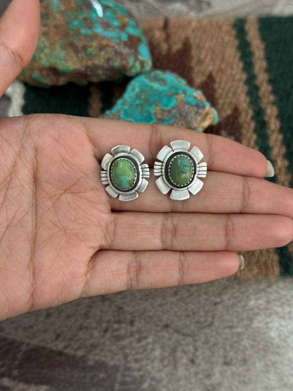 Handmade Sterling Silver Kingman Turquoise Post Studs Earrings "Signed Nizhoni"