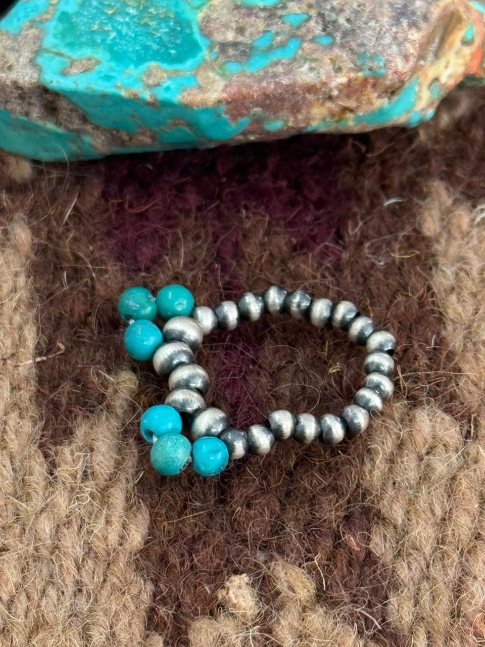 Handmade Sterling Silver Kingman Turquoise Beaded Adjustable Ring "Singed Nizhoni"