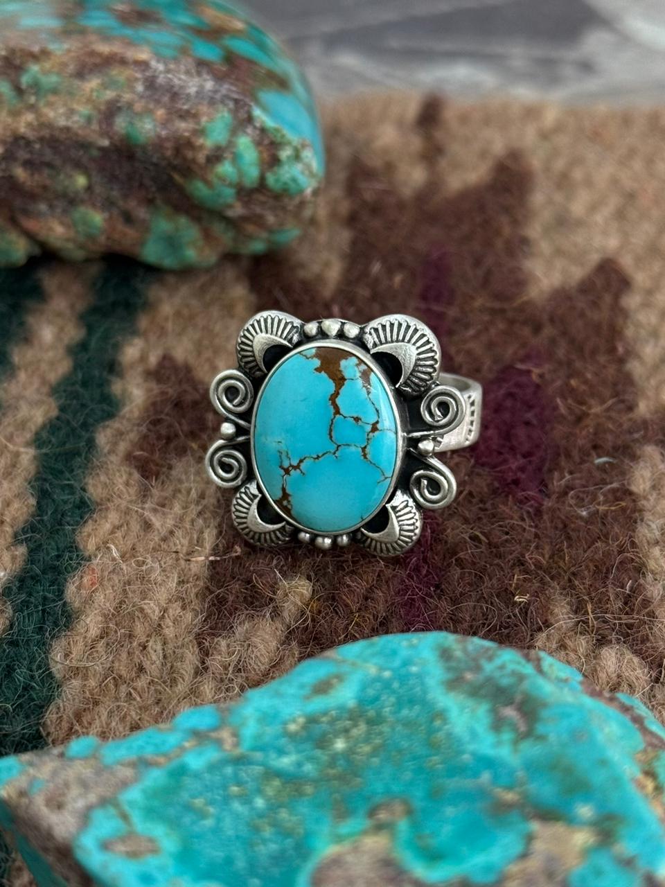 Handmade Sterling Silver Number 8 Turquoise Adjustable Ring "Singed Nizhoni"
