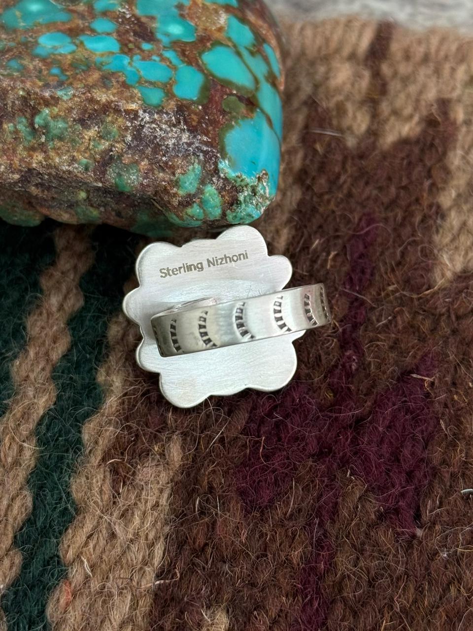 Handmade Sterling Silver Number 8 Turquoise Adjustable Ring "Singed Nizhoni"