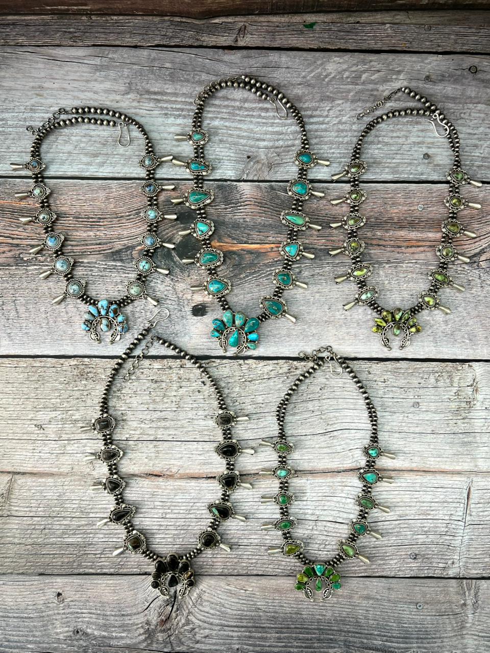 Handmade Sterling Silver Beaded Multi Stone Squash Blossom Necklace "Signed Nizhoni"