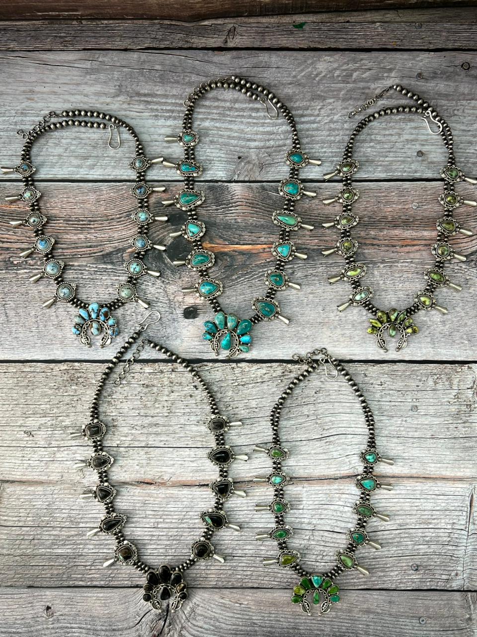 Handmade Sterling Silver Beaded Multi Stone Squash Blossom Necklace "Signed Nizhoni"