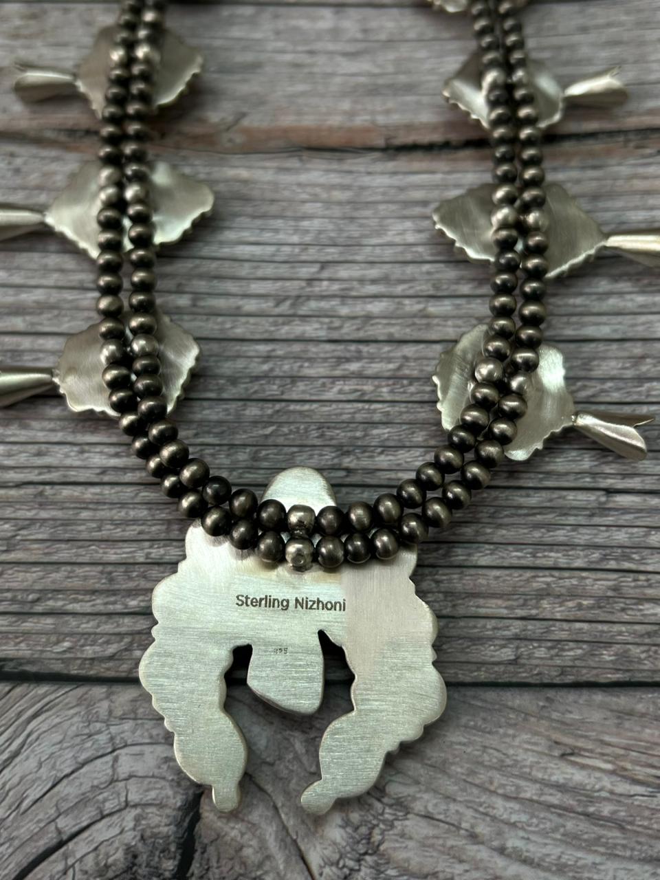 Handmade Sterling Silver Beaded Multi Stone Squash Blossom Necklace "Signed Nizhoni"