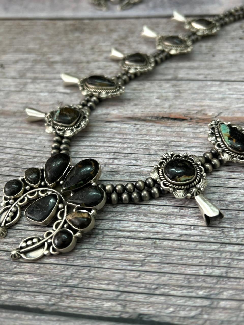 Handmade Sterling Silver Beaded Multi Stone Squash Blossom Necklace "Signed Nizhoni"