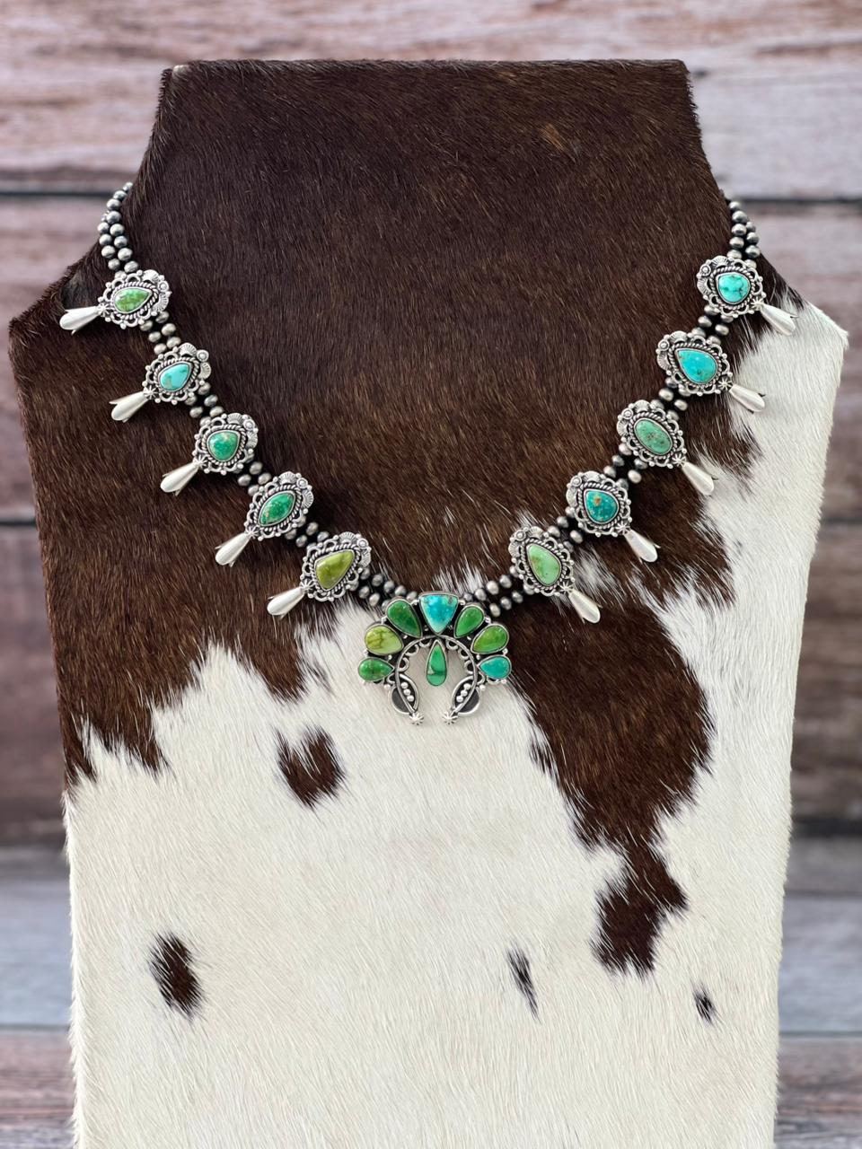 Handmade Sterling Silver Beaded Multi Stone Squash Blossom Necklace "Signed Nizhoni"