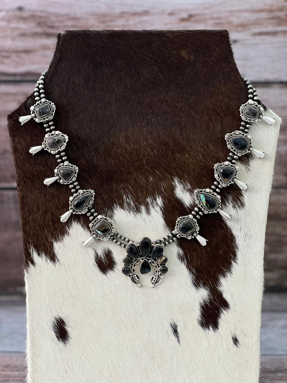 Handmade Sterling Silver Beaded Multi Stone Squash Blossom Necklace "Signed Nizhoni"