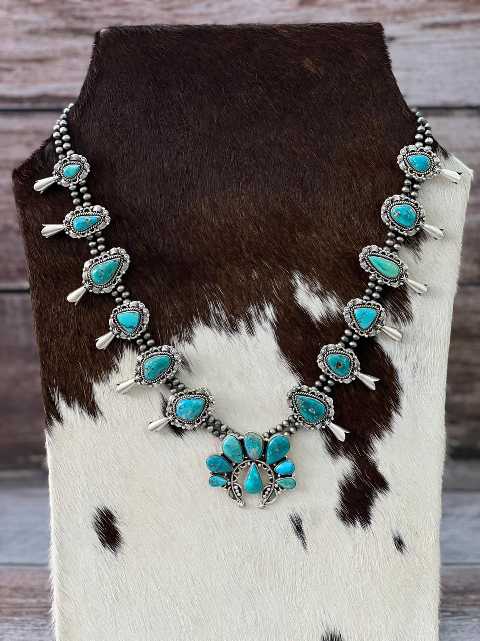 Handmade Sterling Silver Beaded Multi Stone Squash Blossom Necklace "Signed Nizhoni"