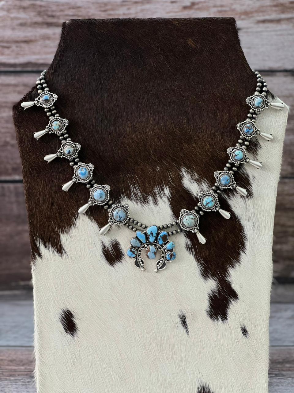 Handmade Sterling Silver Beaded Multi Stone Squash Blossom Necklace "Signed Nizhoni"