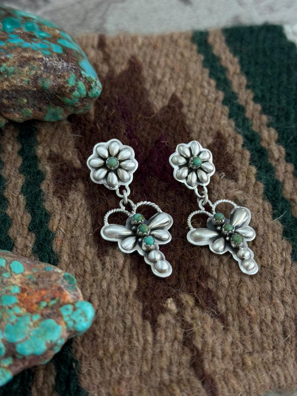Handmade Sterling Silver Kingman Turquoise Butterfly Post Dangle Earrings "Signed Nizhoni"