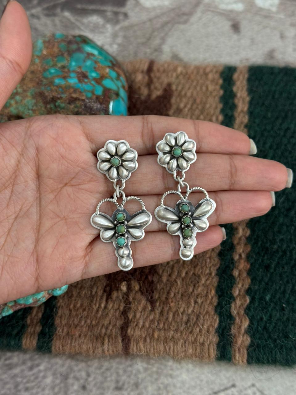 Handmade Sterling Silver Kingman Turquoise Butterfly Post Dangle Earrings "Signed Nizhoni"