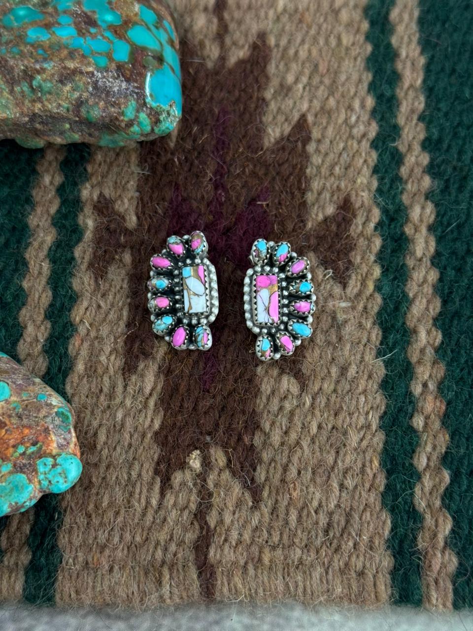 Handmade Sterling Silver Cotton Candy Turquoise Post Studs Earrings "Signed Nizhoni"