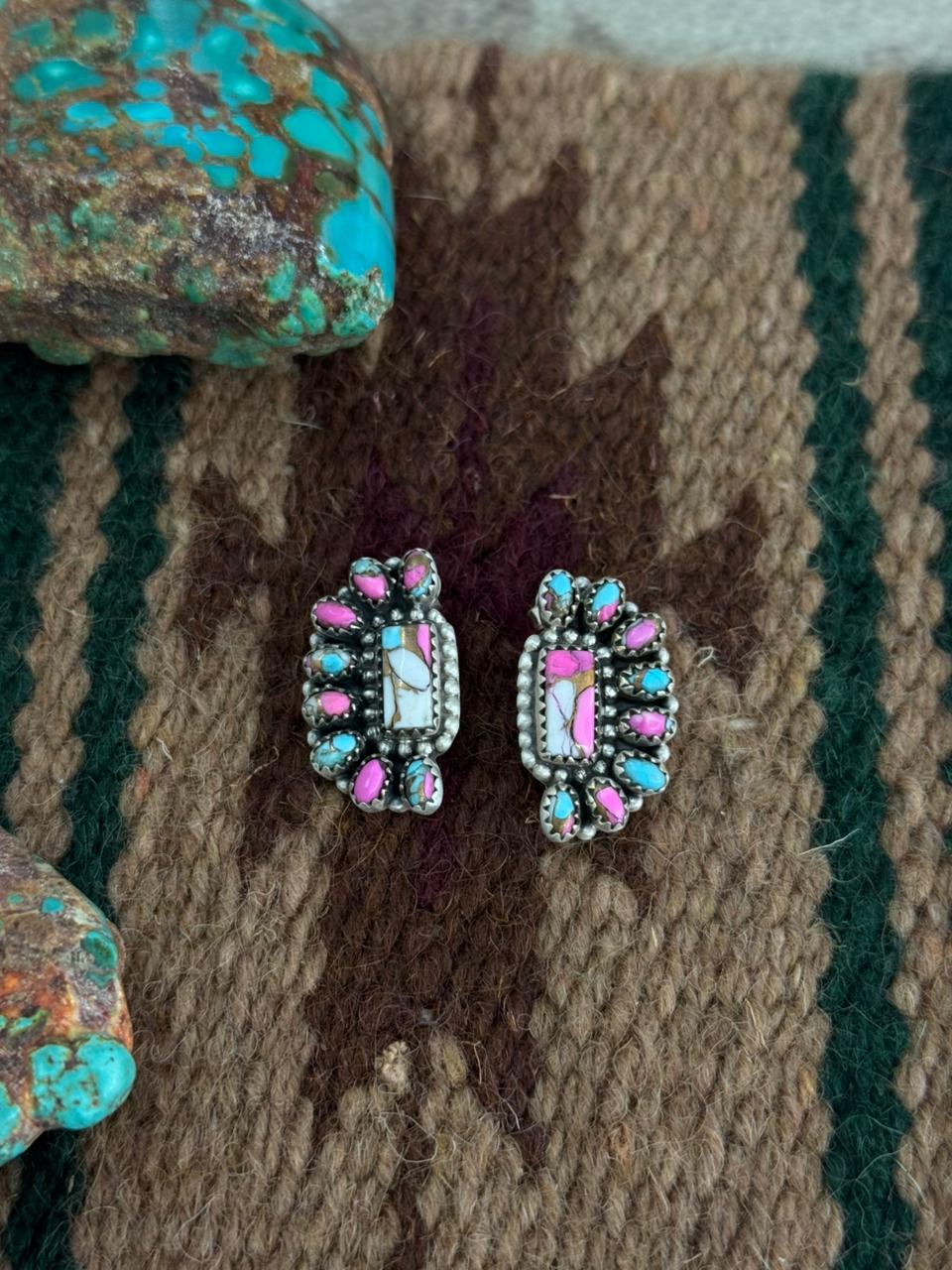 Handmade Sterling Silver Cotton Candy Turquoise Post Studs Earrings "Signed Nizhoni"