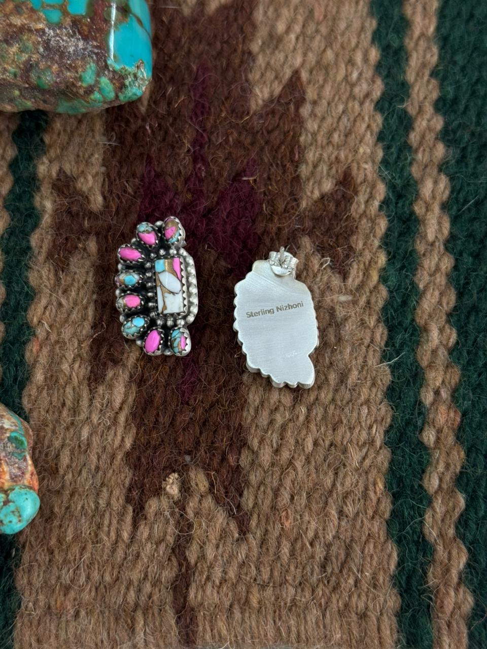 Handmade Sterling Silver Cotton Candy Turquoise Post Studs Earrings "Signed Nizhoni"