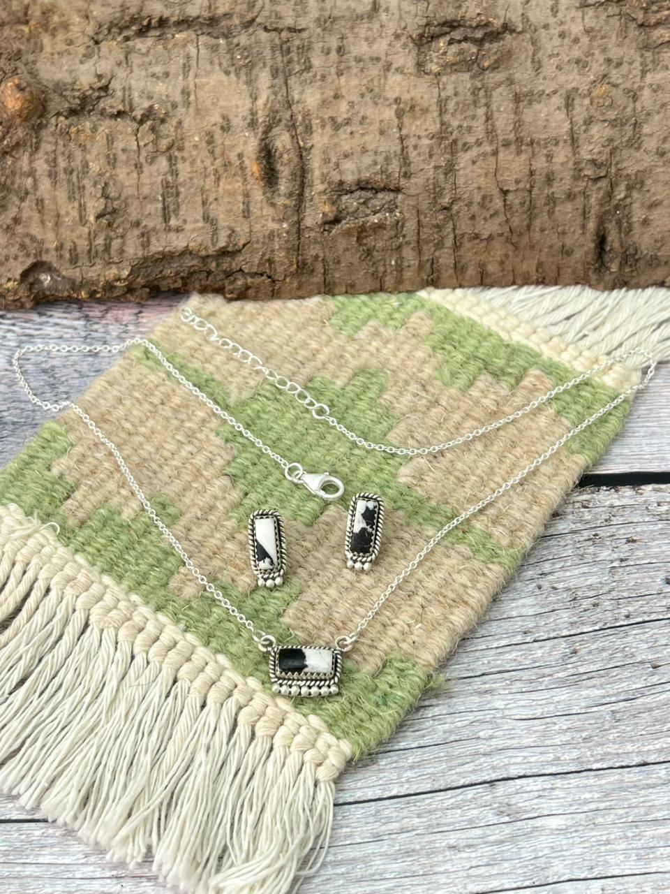 Handmade Sterling Silver White Buffalo Necklace Earrings Set "Signed Nizhoni"