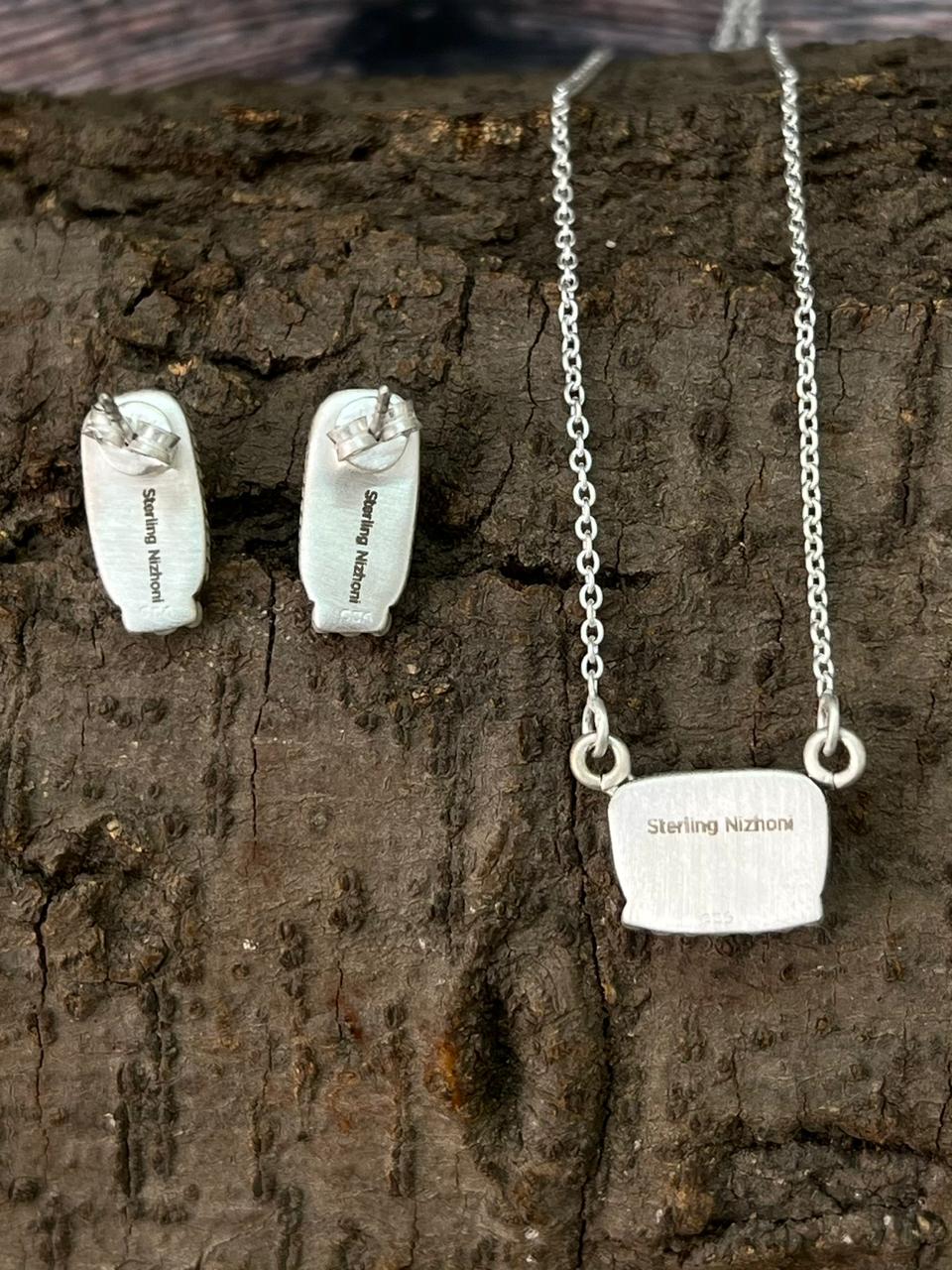 Handmade Sterling Silver White Buffalo Necklace Earrings Set "Signed Nizhoni"