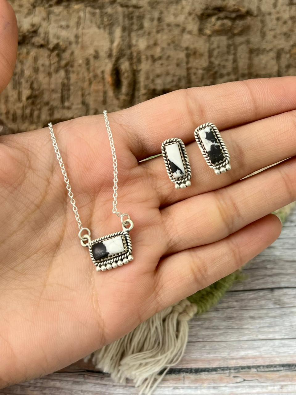 Handmade Sterling Silver White Buffalo Necklace Earrings Set "Signed Nizhoni"