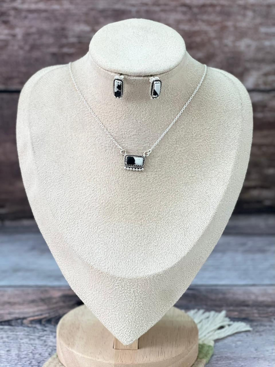 Handmade Sterling Silver White Buffalo Necklace Earrings Set "Signed Nizhoni"