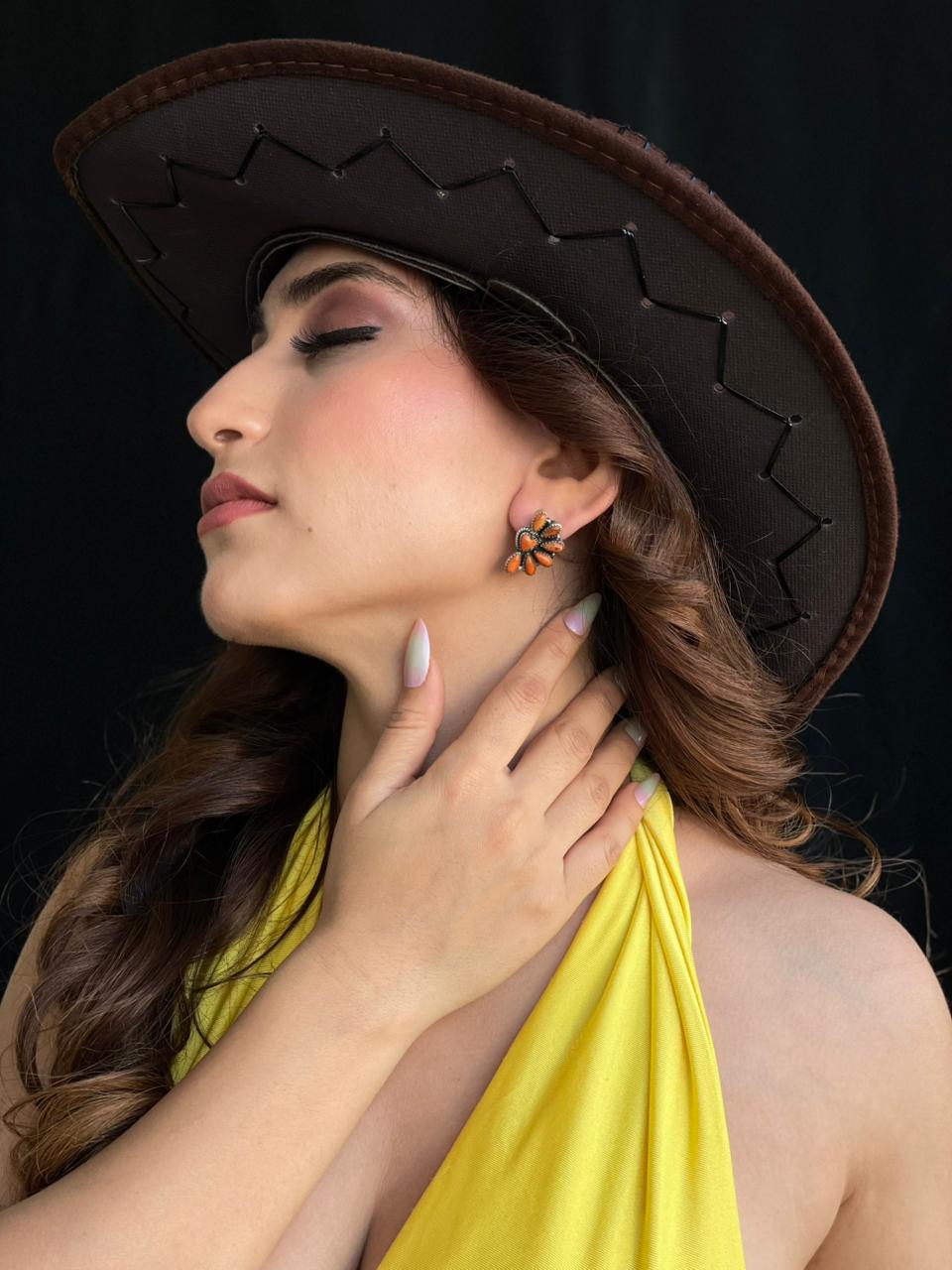 Handmade Sterling Silver Orange Mohave Post Studs Earrings "Signed Nizhoni"