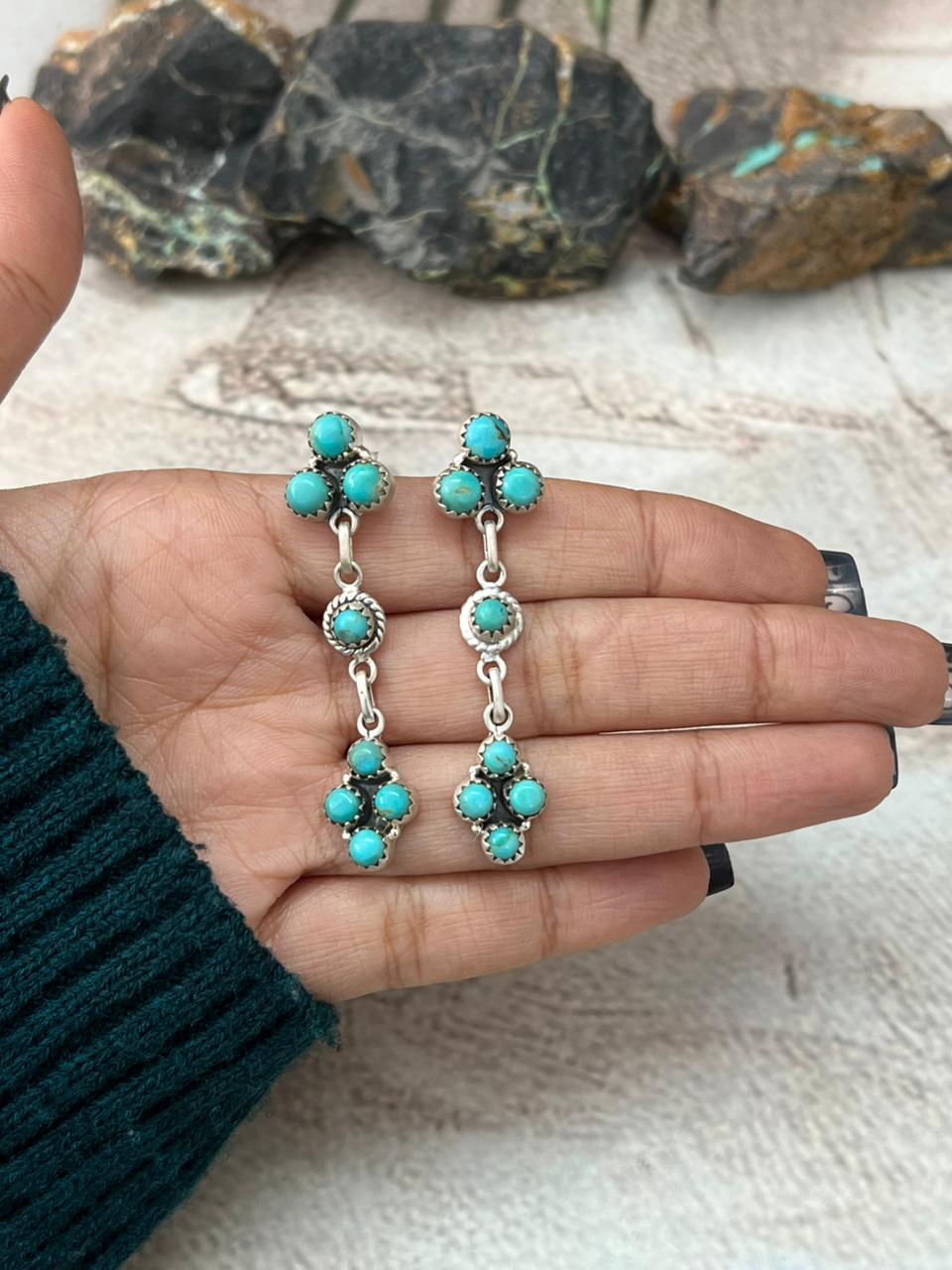 Handmade Sterling Silver Kingman Turquoise Post Dangle Earrings "Signed Nizhoni"