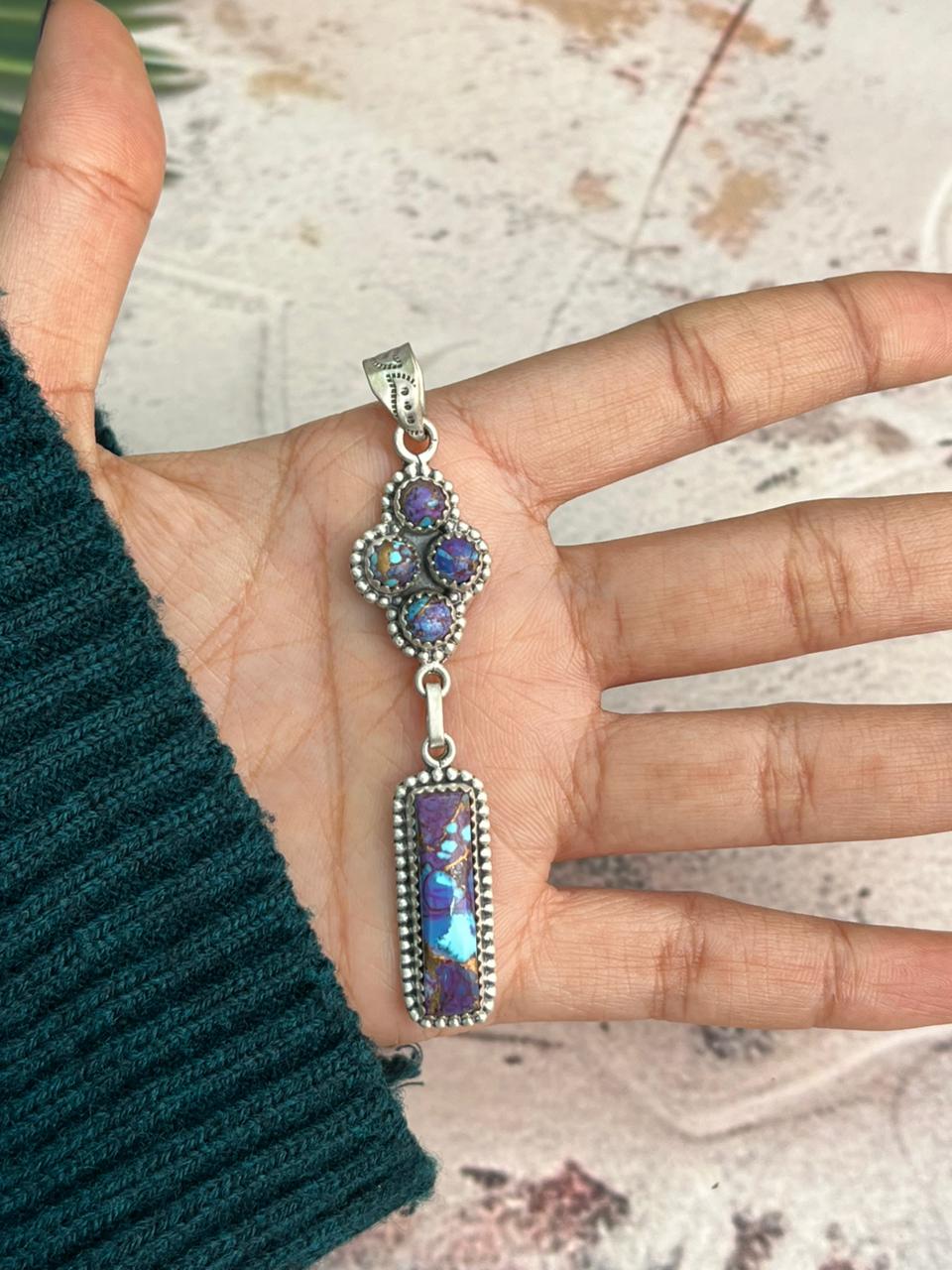 Handmade Sterling Silver Purple Blue Turquoise Pendant "Signed Nizhoni"