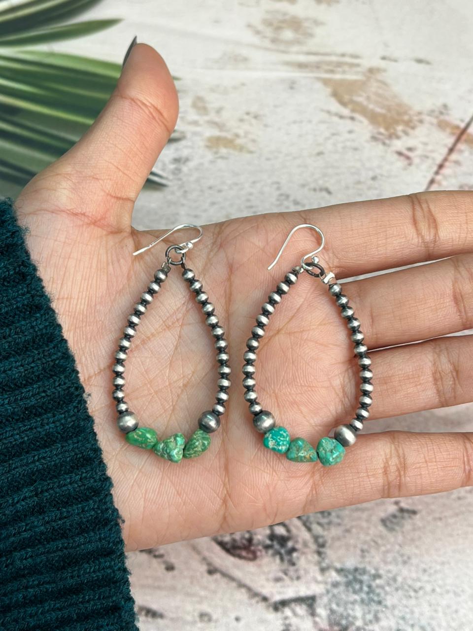 Handmade Sterling Silver Beaded Emerald Valley Hook Hoop Earrings